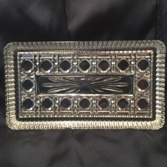 Vintage 1940s Clear Pressed Glass Rectangle Windsor Pattern Vanity Dish